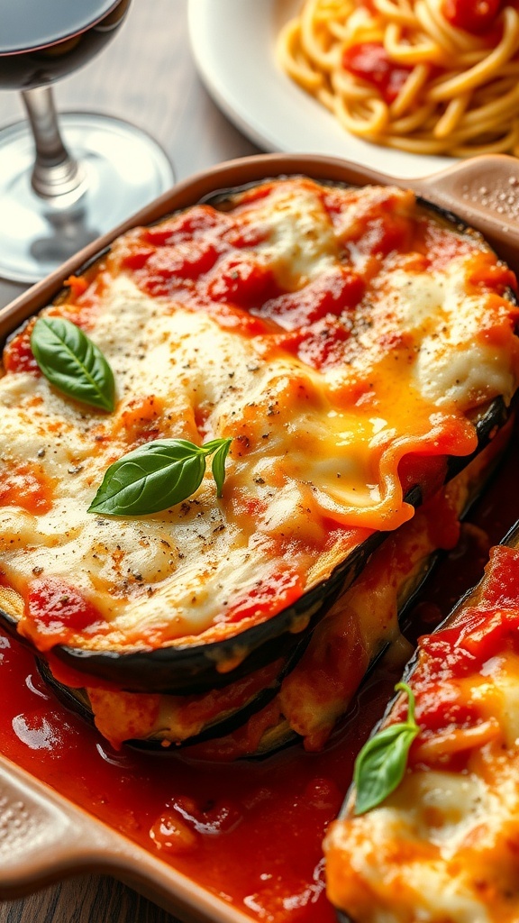 Baked Eggplant Parmesan with layers of eggplant, marinara sauce, and melted cheese, garnished with basil.